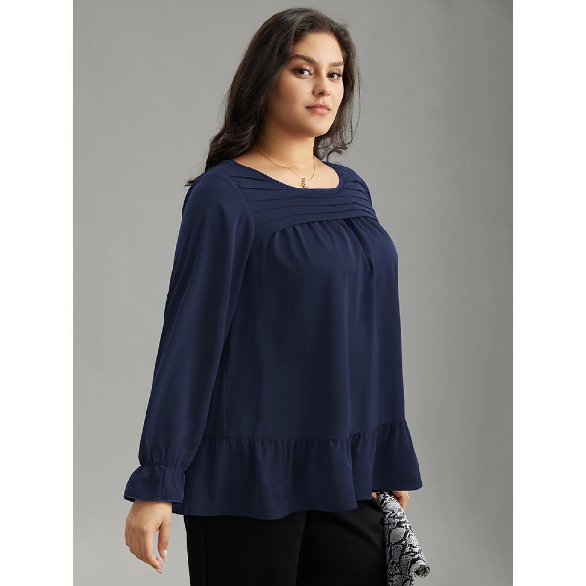 Plus Size Indigo Static-Free Plain Pleated Ruffles Lantern Sleeve Blouse Women Office Long Sleeve Round Neck Work Blouses BloomChic 28/5X Product Image