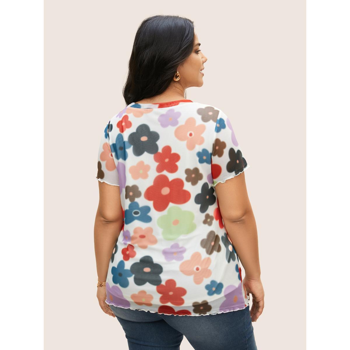 Plus Size Round Neck Colored Floral Mesh T-shirt Multicolor Women Elegant Contrast Natural Flowers Round Neck Everyday T-shirts BloomChic 18-20/2X Product Image