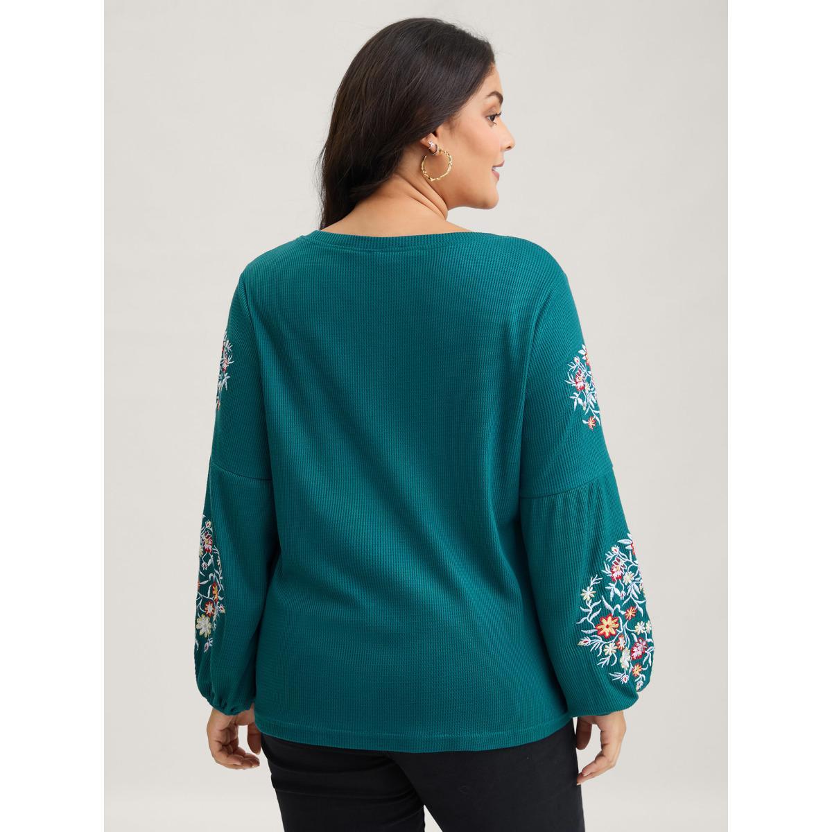 Plus Size Waffle Knit Floral Embroidered Lantern Sleeve T-shirt Cyan Women Elegant Texture Floral Round Neck Everyday T-shirts BloomChic 10/M Product Image