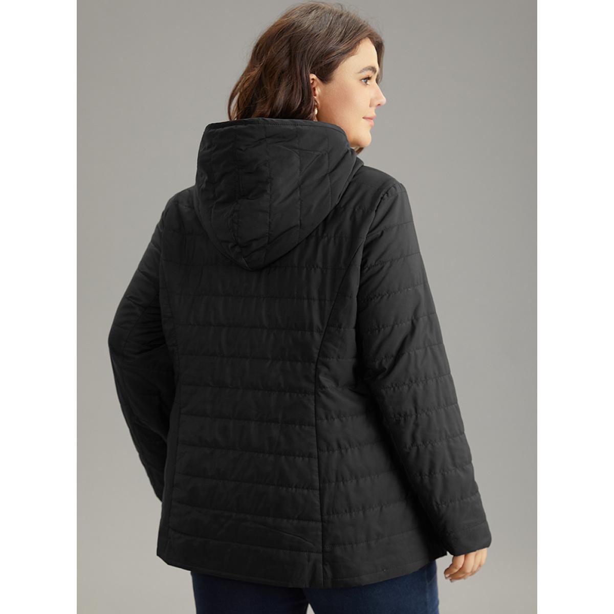 Plus Size Drawstring Patchwork PU Leather Zipper Jacket Women Black Casual Lined Ladies Everyday Winter Coats BloomChic 14-16/1X Product Image