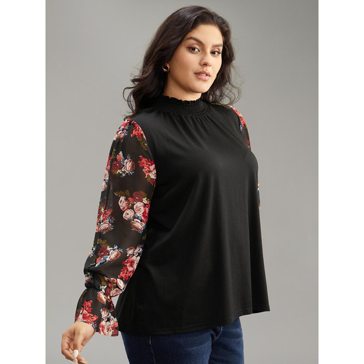 Plus Size Chiffon Floral Patchwork Shirred Mock Neck T-shirt Black Women Casual Elastic cuffs Floral Mock Neck Dailywear T-shirts BloomChic 30/6X Product Image