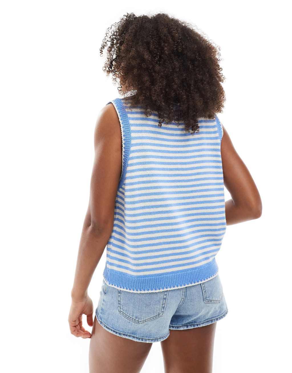 ASOS DESIGN knitted tank top with contrast blanket stitch in blue stripe Product Image