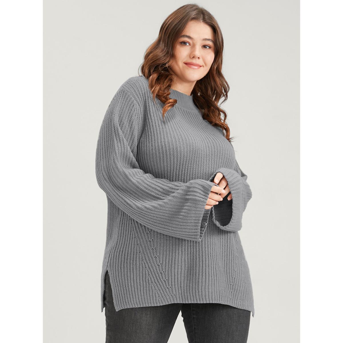 Plus Size Solid Pointelle Knit Mock Neck Bell Sleeve Split Knit Top Gray Women Casual Loose Long Sleeve Mock Neck Dailywear Pullovers BloomChic 12/L Product Image