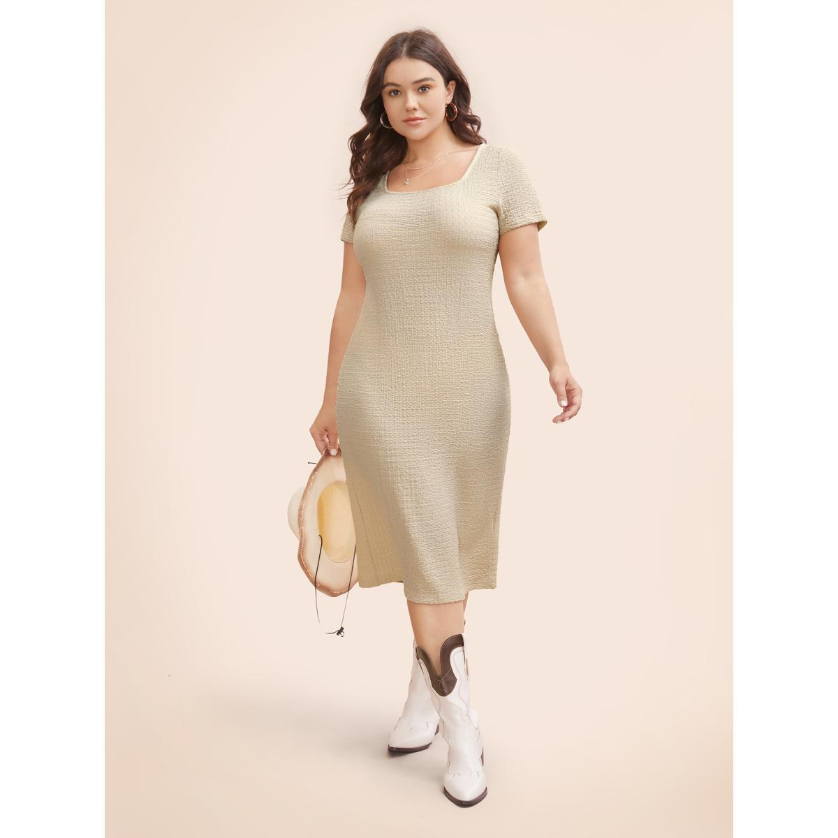 Plus Size U Neck Textured Split Hem Dress Apricot Women Resort Texture U-neck Short sleeve Curvy BloomChic 10/M Product Image