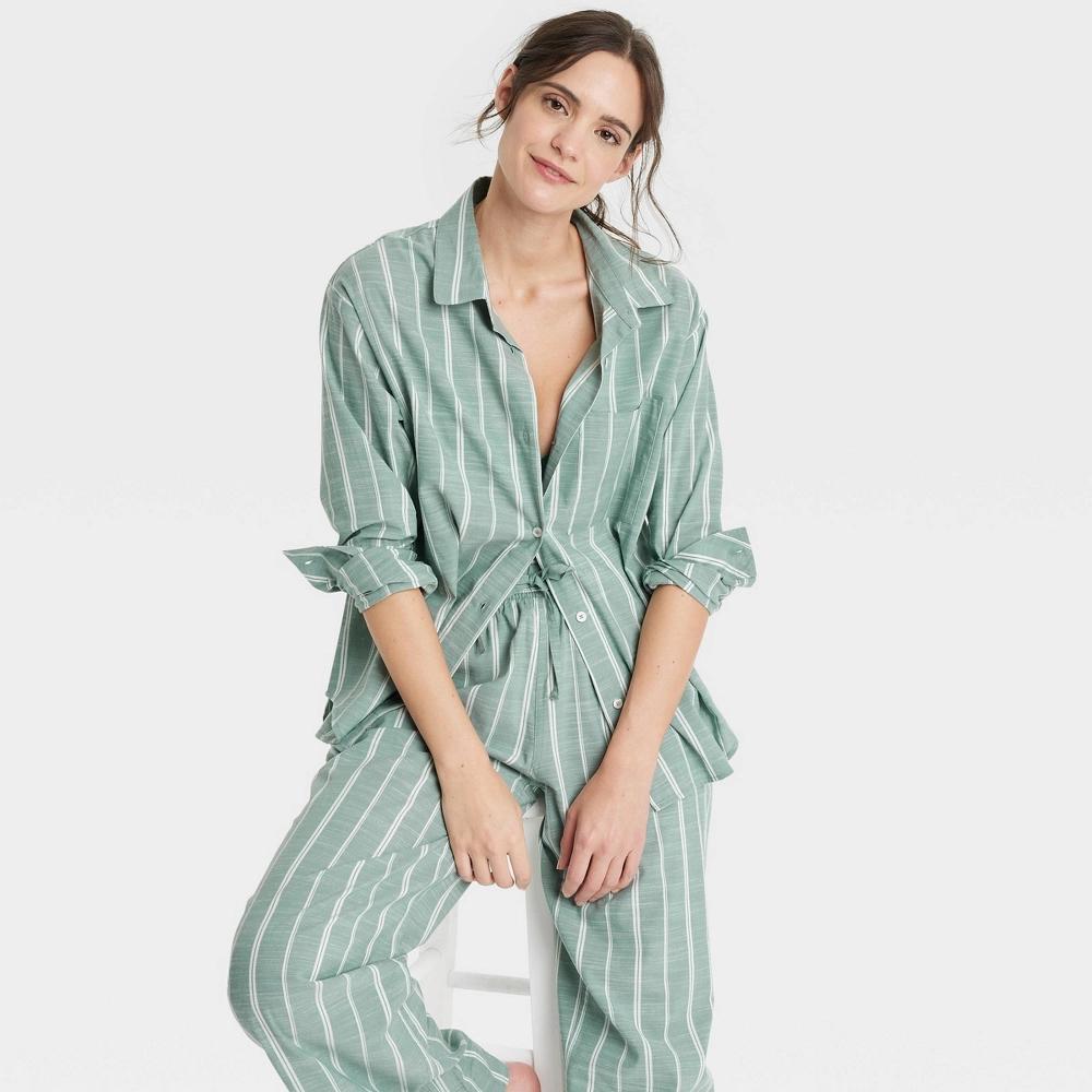 Women's Striped Cotton Blend Long Sleeve Pajama Shirt - Auden™ Green M: Button Down Collar, Front Pocket, Poplin Fabric Product Image