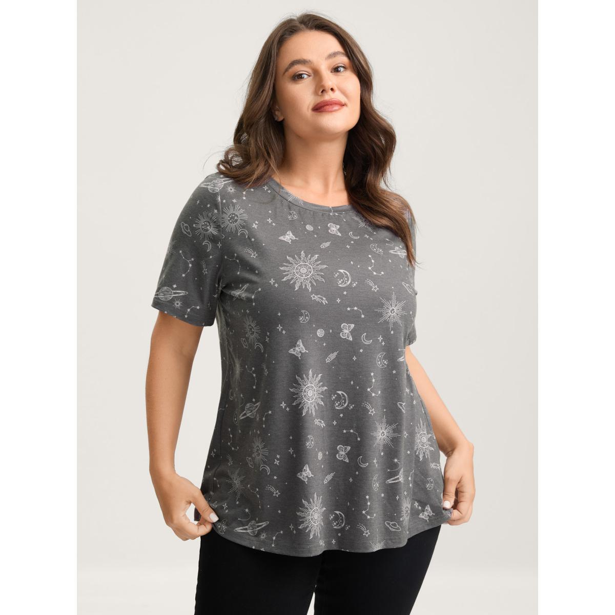 Plus Size Celestial Print Crew Neck T-Shirt DimGray Women Non Round Neck Everyday-Casual T-shirts BloomChic 26/4X Product Image