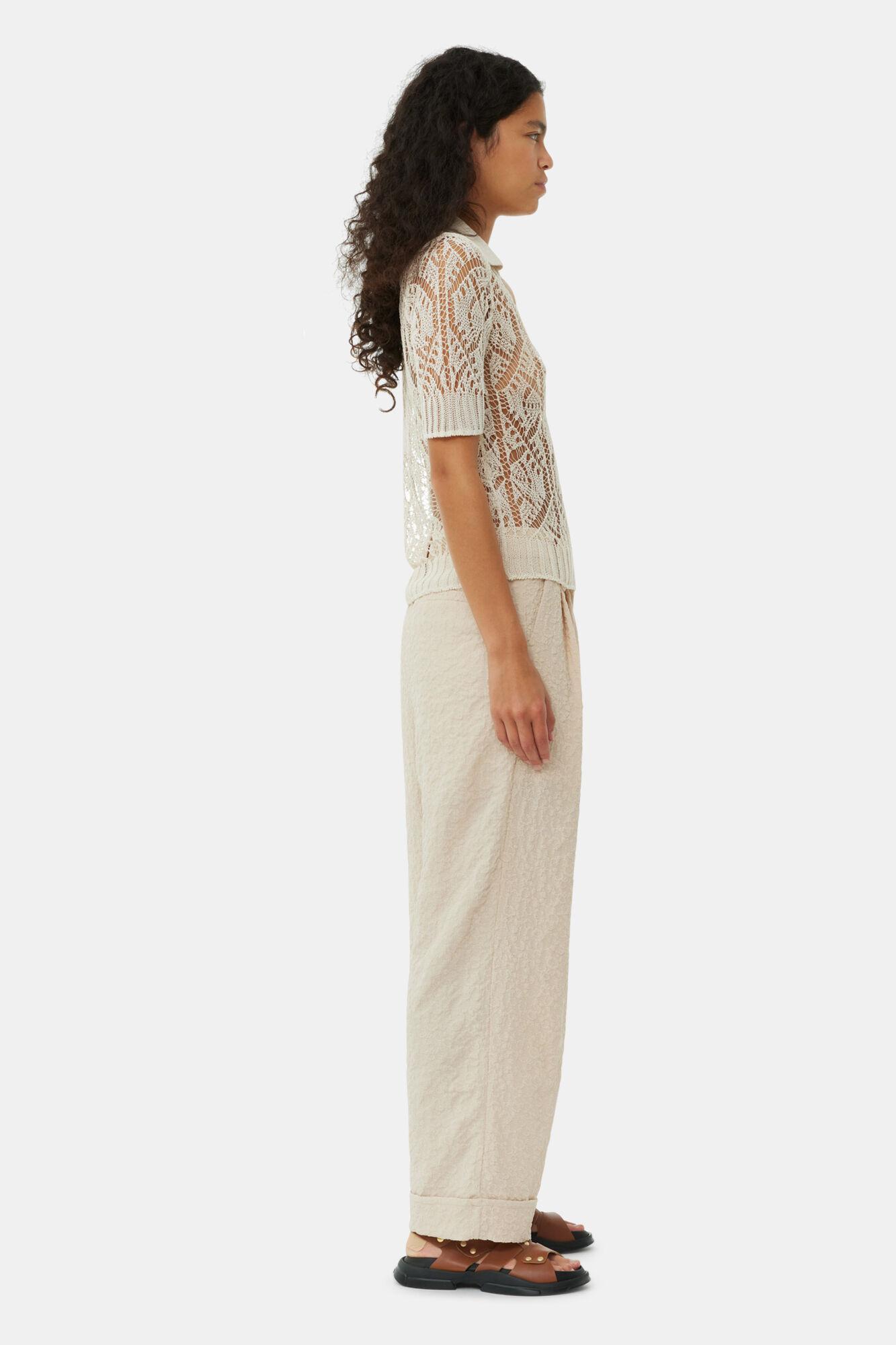 Beige Textured Suiting Mid Waist Pants Product Image