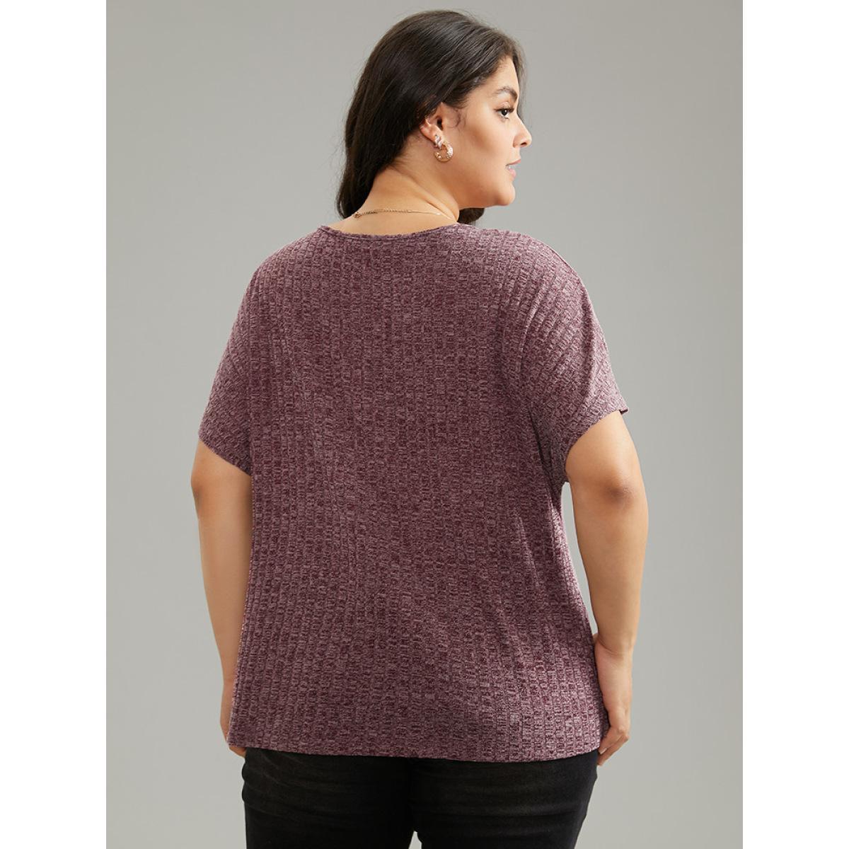 Plus Size Plisse Surplice Neck Batwing Sleeve T-shirt Burgundy Women Elegant Texture Plain Overlap Collar Dailywear T-shirts BloomChic 18-20/2X Product Image