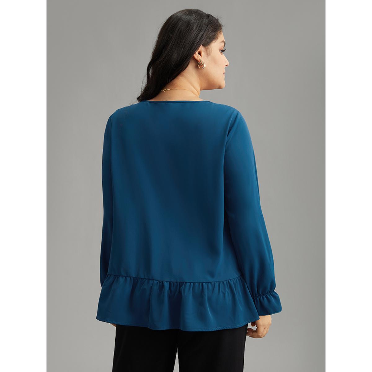 Plus Size Aegean Static-Free Plain Pleated Ruffles Lantern Sleeve Blouse Women Office Long Sleeve Round Neck Work Blouses BloomChic 26/4X Product Image