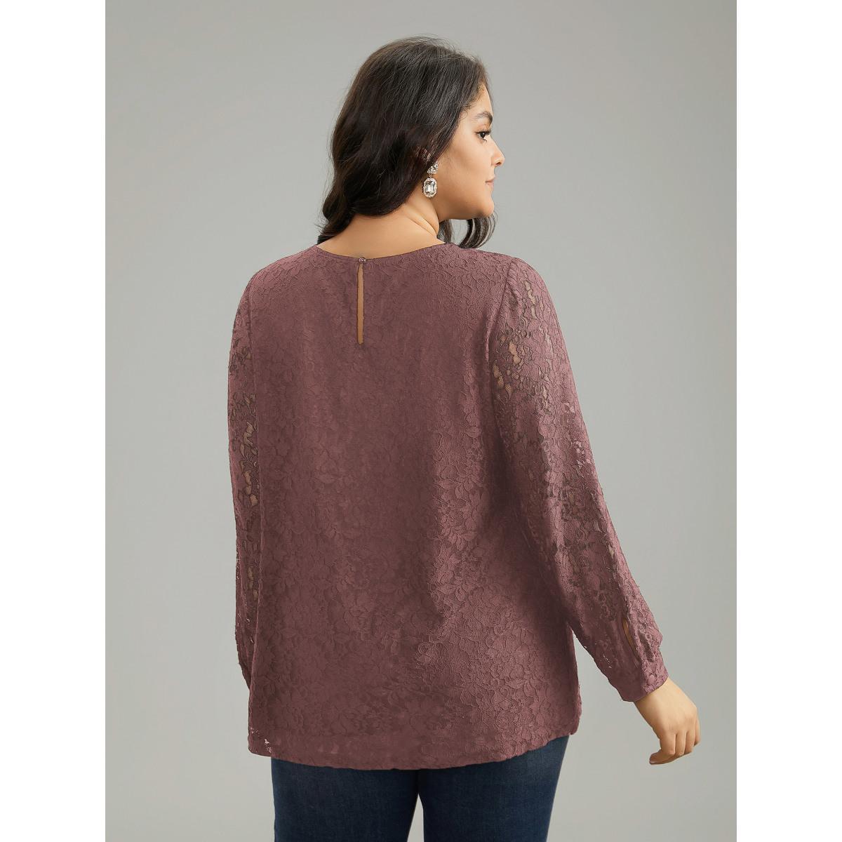 Plus Size Dirtypink Solid Crochet Lace Mesh Crew Neck Blouse Women Cocktail Long Sleeve Round Neck Party Blouses BloomChic 10/M Product Image