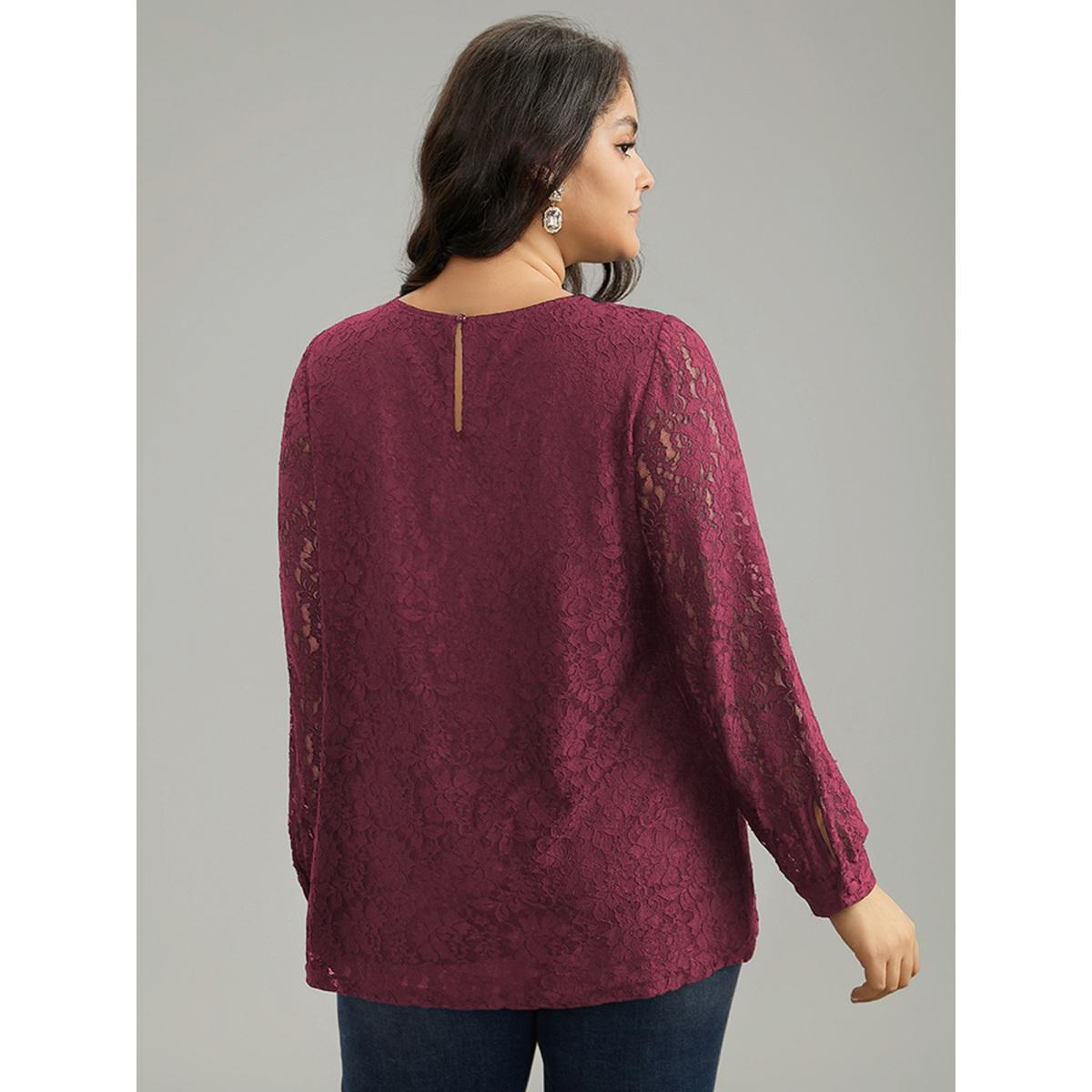 Plus Size Purple Solid Crochet Lace Mesh Crew Neck Blouse Women Cocktail Long Sleeve Round Neck Party Blouses BloomChic 26/4X Product Image