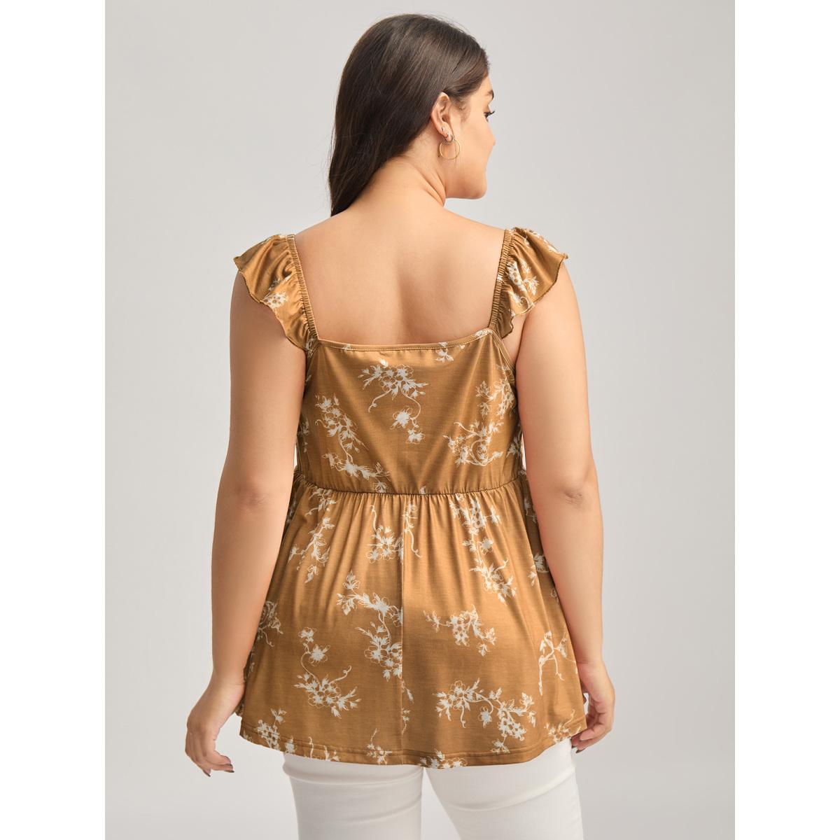Plus Size Silhouette Floral Flutter Tank Top Women Tan Gathered Heart neckline Everyday-Elegant Tank Tops Camis BloomChic 10/M Product Image