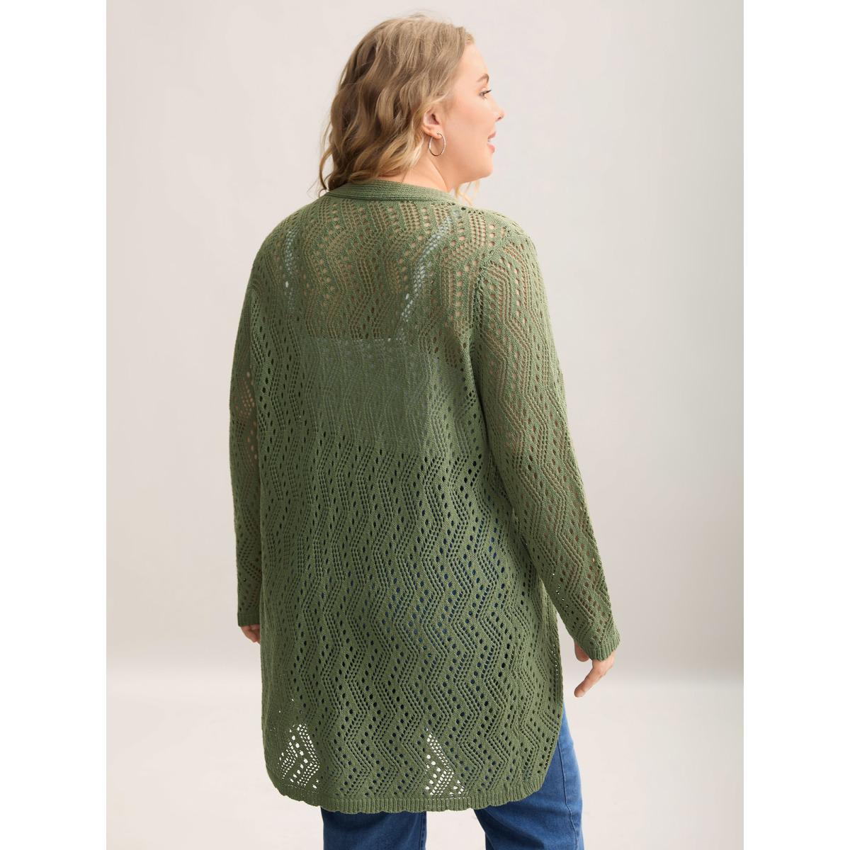 Plus Size Eyelet Trim Front Mid Tie Knit Cardigan Moss Women Casual Loose Long Sleeve Everyday-Casual Cardigans BloomChic 10/M Product Image