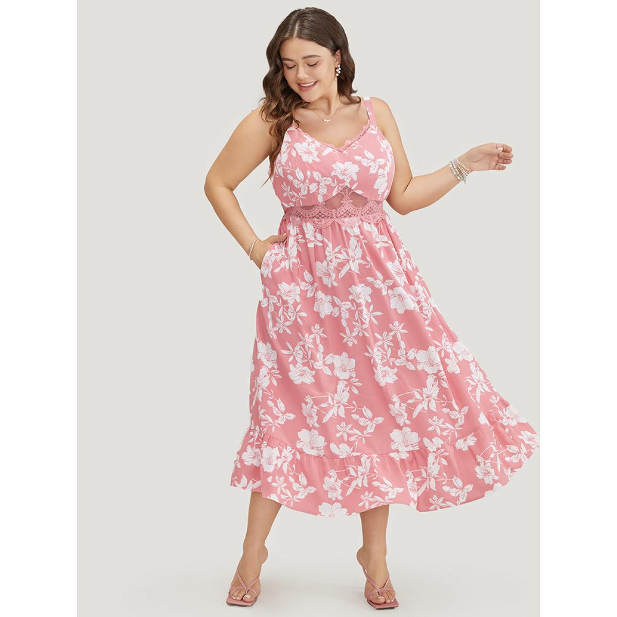 Plus Size Floral Ruffle Hem Pocket Lace Mesh Insert Cami Dress Rouge Women Elegant Adjustable Straps Spaghetti Strap Sleeveless Curvy Midi Dress BloomChic 22-24/3X Product Image