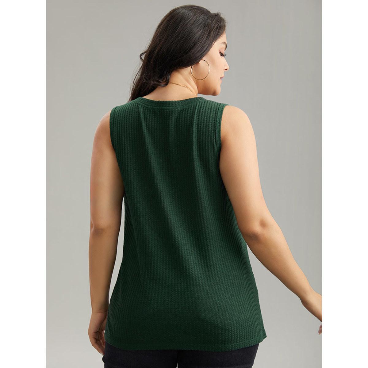Plus Size Waffle Knit V Neck Button Detail Cami Top Women Green Casual Waffle Knit V-neck Dailywear Tank Tops Camis BloomChic 26/4X Product Image