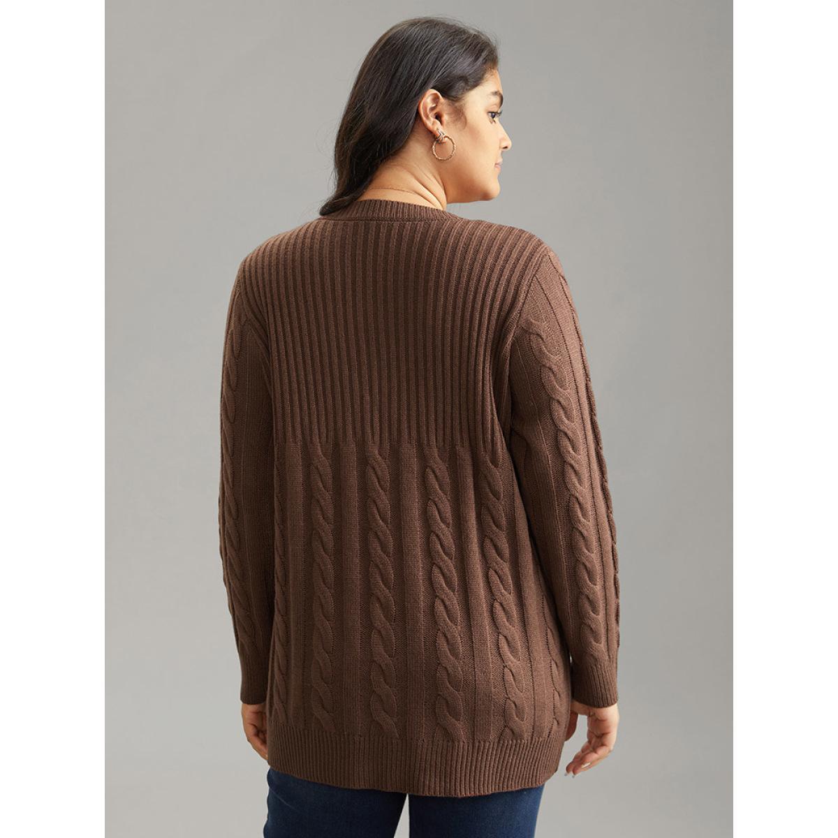 Plus Size Cable Knit Patchwork Plisse V Neck Pullover DarkBrown Women Casual Loose Long Sleeve V-neck Dailywear Pullovers BloomChic 26/4X Product Image