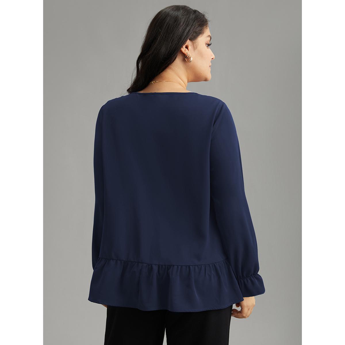 Plus Size Indigo Static-Free Plain Pleated Ruffles Lantern Sleeve Blouse Women Office Long Sleeve Round Neck Work Blouses BloomChic 28/5X Product Image