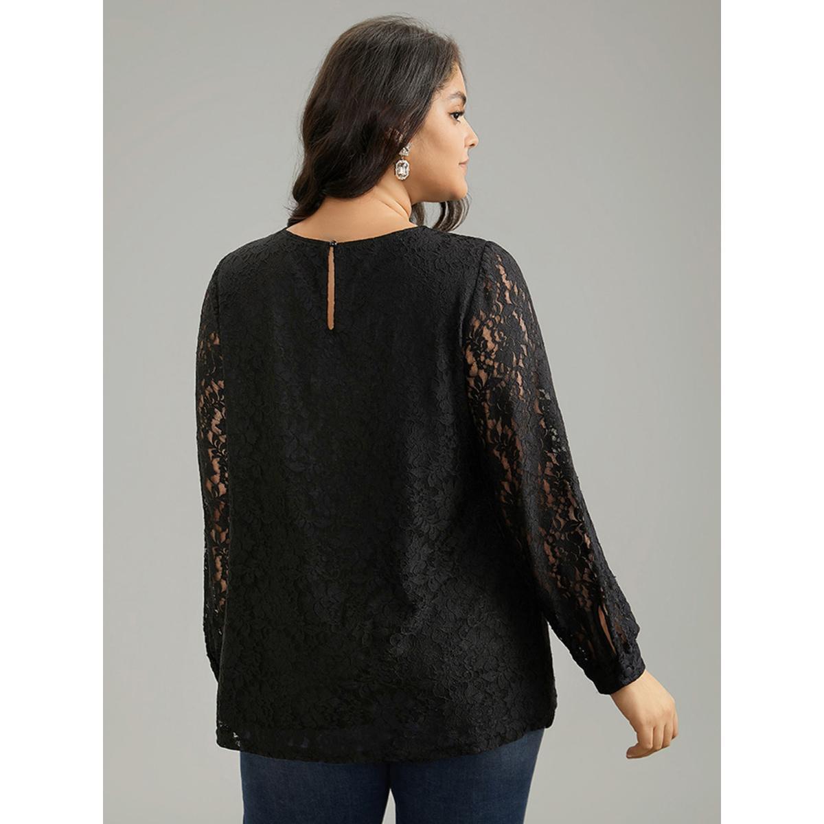 Plus Size Black Solid Crochet Lace Mesh Crew Neck Blouse Women Cocktail Long Sleeve Round Neck Party Blouses BloomChic 12/L Product Image