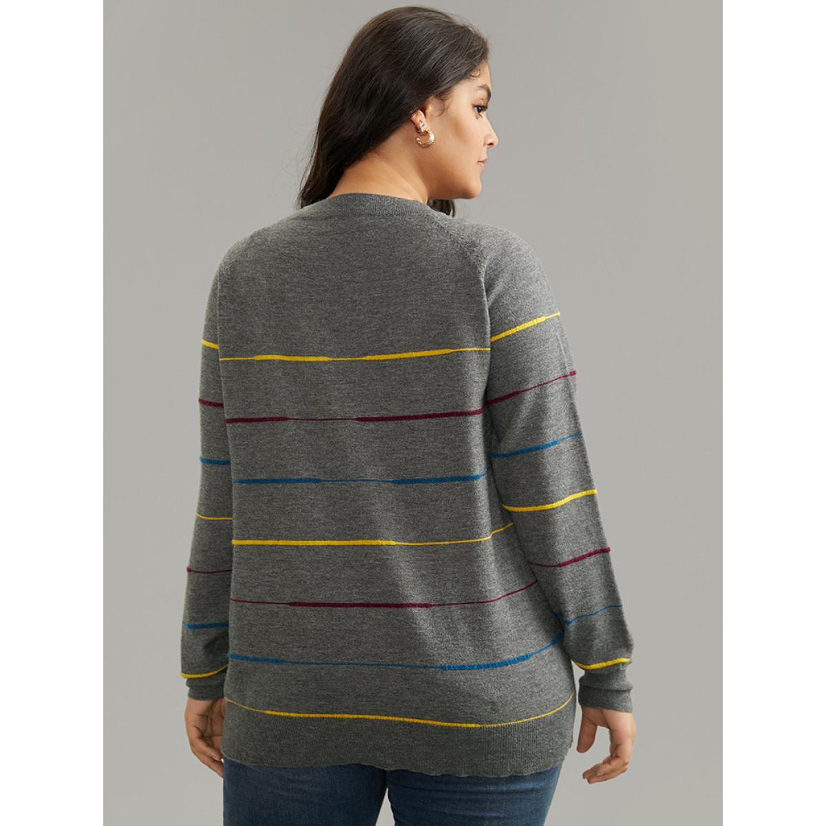 Plus Size Anti-Pilling Contrast Pinstripe Raglan Sleeve Pullover DimGray Women Casual Loose Long Sleeve Round Neck Dailywear Pullovers BloomChic 18-20/2X Product Image