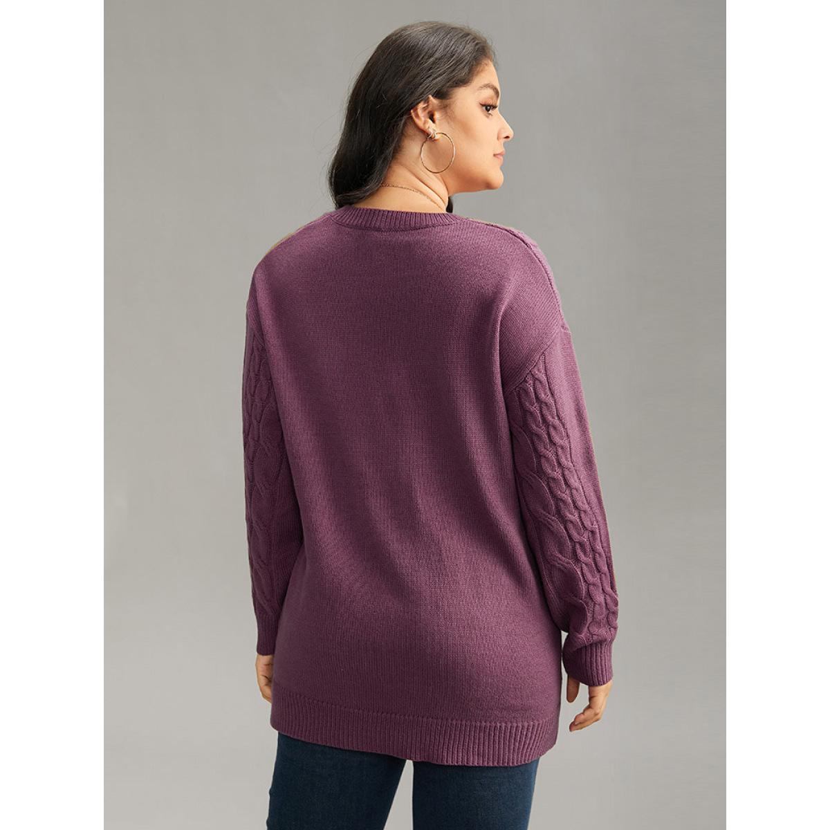 Plus Size Solid Cable Knit V Neck Split Side Pullover Mauve Women Casual Loose Long Sleeve V-neck Everyday Pullovers BloomChic 22-24/3X Product Image