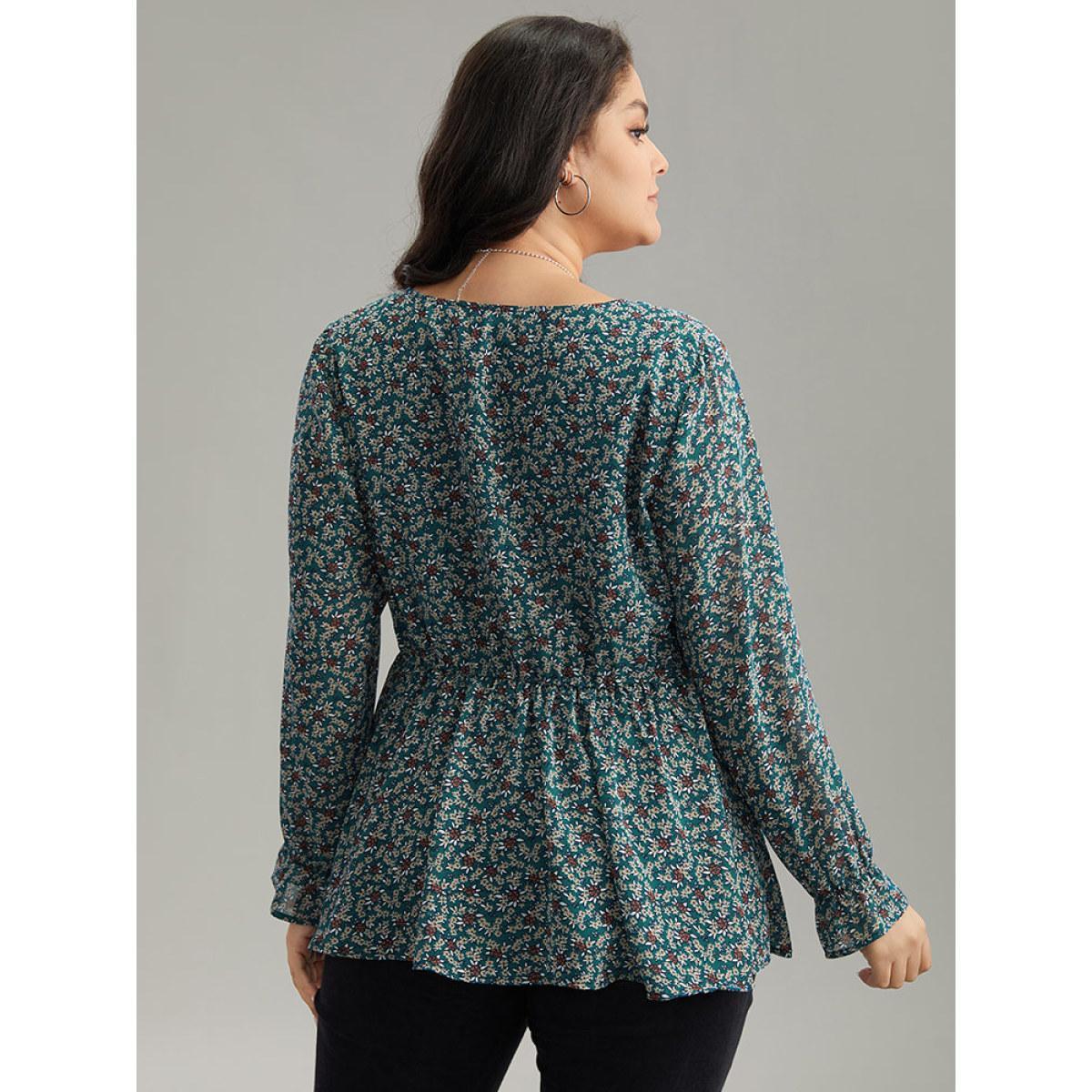 Plus Size DarkGreen Chiffon Ditsy Floral Elastic Waist Ruffle Hem Blouse Women Elegant Long Sleeve V-neck Everyday Blouses BloomChic 26/4X Product Image