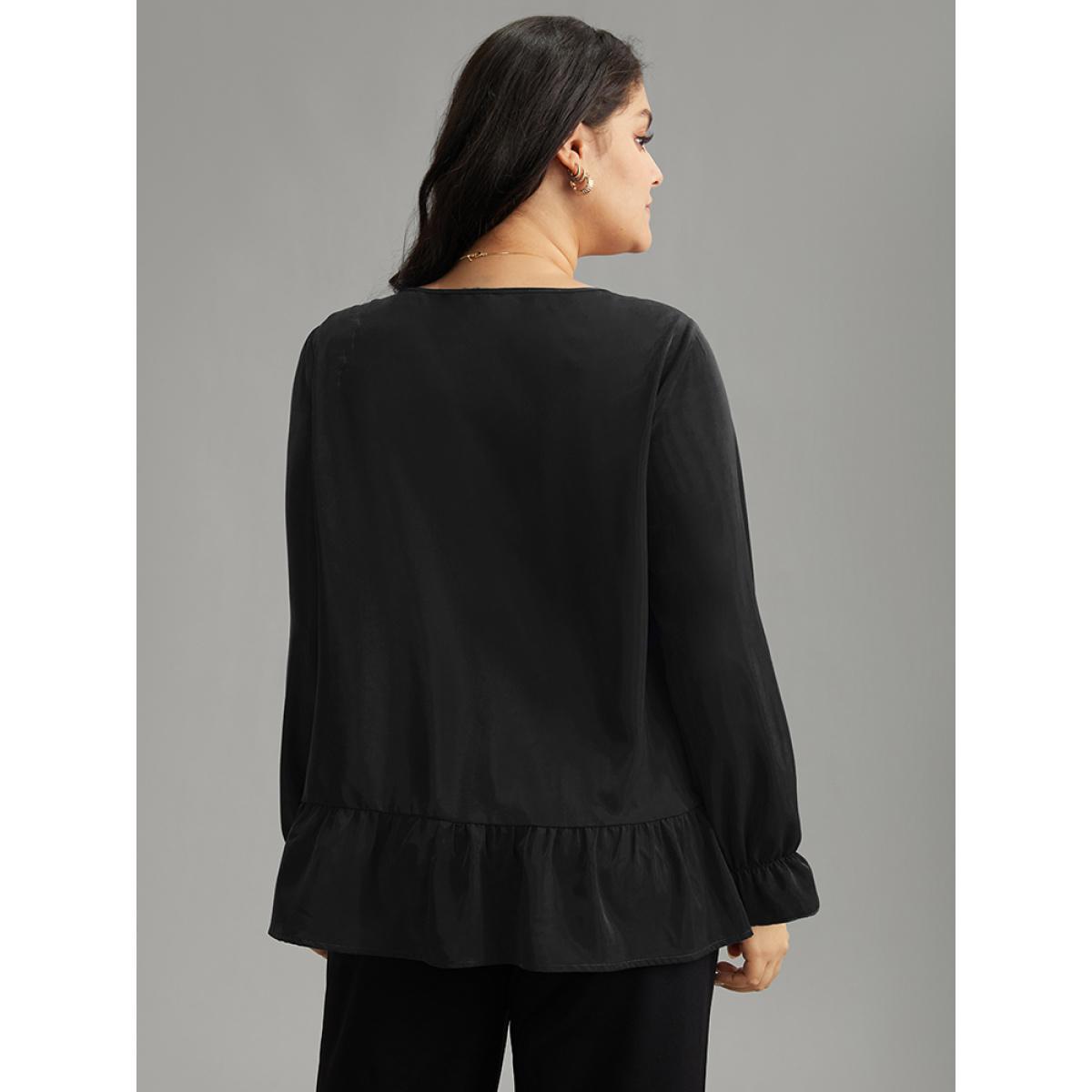 Plus Size Black Static-Free Plain Pleated Ruffles Lantern Sleeve Blouse Women Office Long Sleeve Round Neck Work Blouses BloomChic 12/L Product Image