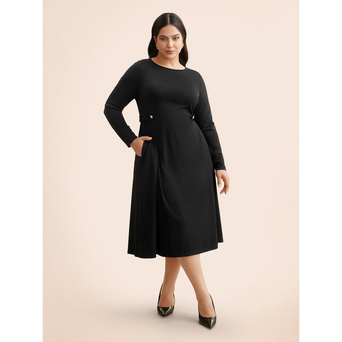 Plus Size Crew Neck Button Detail Dress Black Women At the Office Button Round Neck Long Sleeve Curvy BloomChic 22-24/3X Product Image