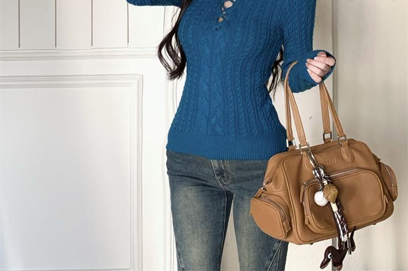 Long-Sleeve Crew Neck Plain Cutout Cable Knit Slim Fit Top Product Image