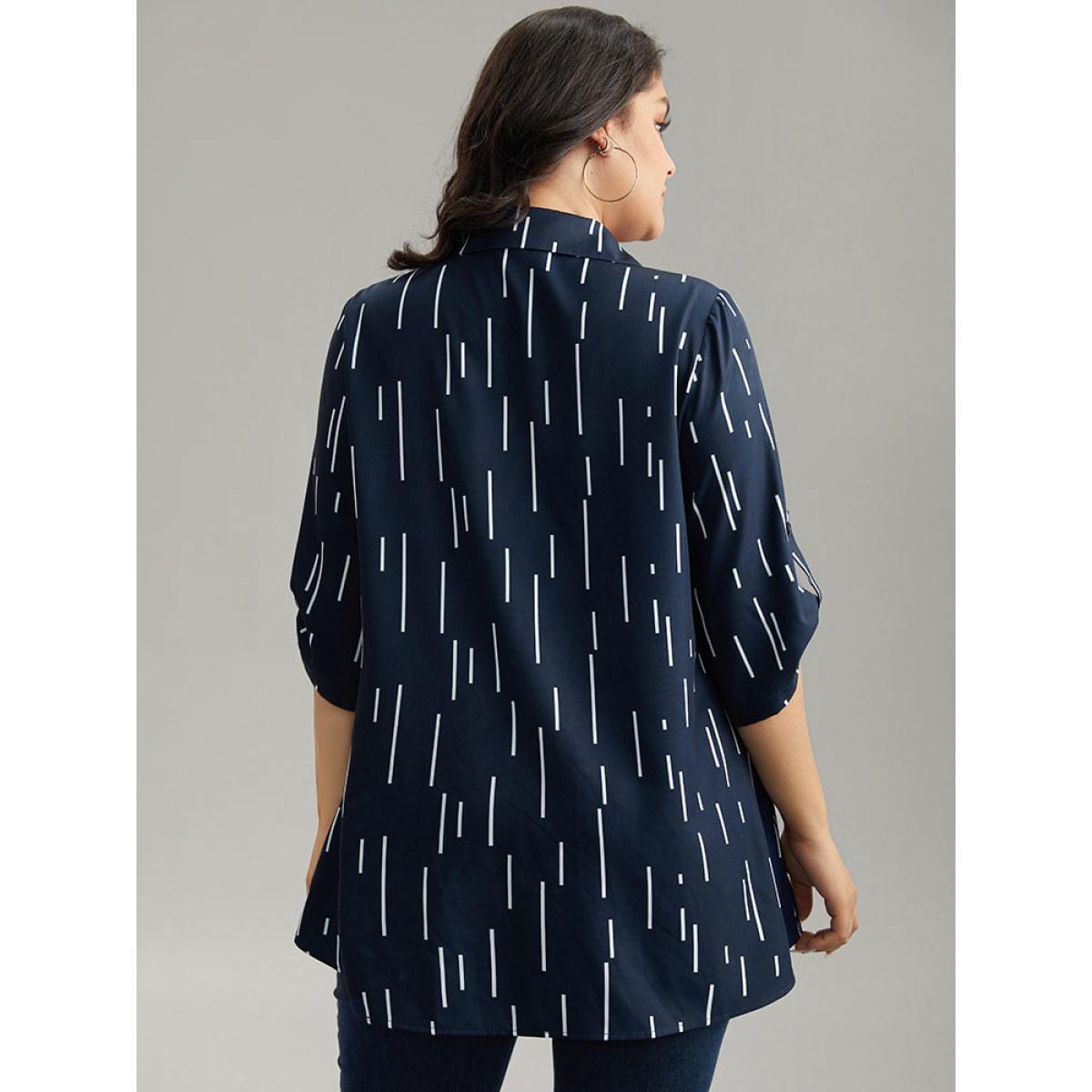 Plus Size Indigo Geometric Shirt Collar Roll Tab Sleeve Blouse Women Office Elbow-length sleeve Shirt collar Work Blouses BloomChic 26/4X Product Image