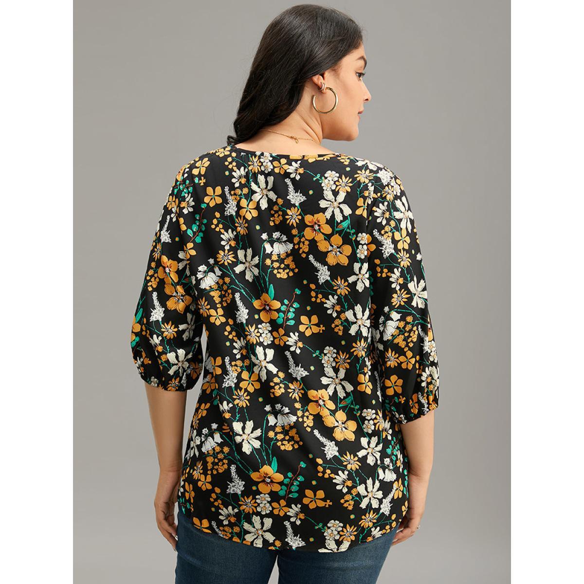 Plus Size Black Floral Print Pleated Notched Lantern Sleeve Blouse Women Elegant Elbow-length sleeve Notched collar Dailywear Blouses BloomChic 12/L Product Image