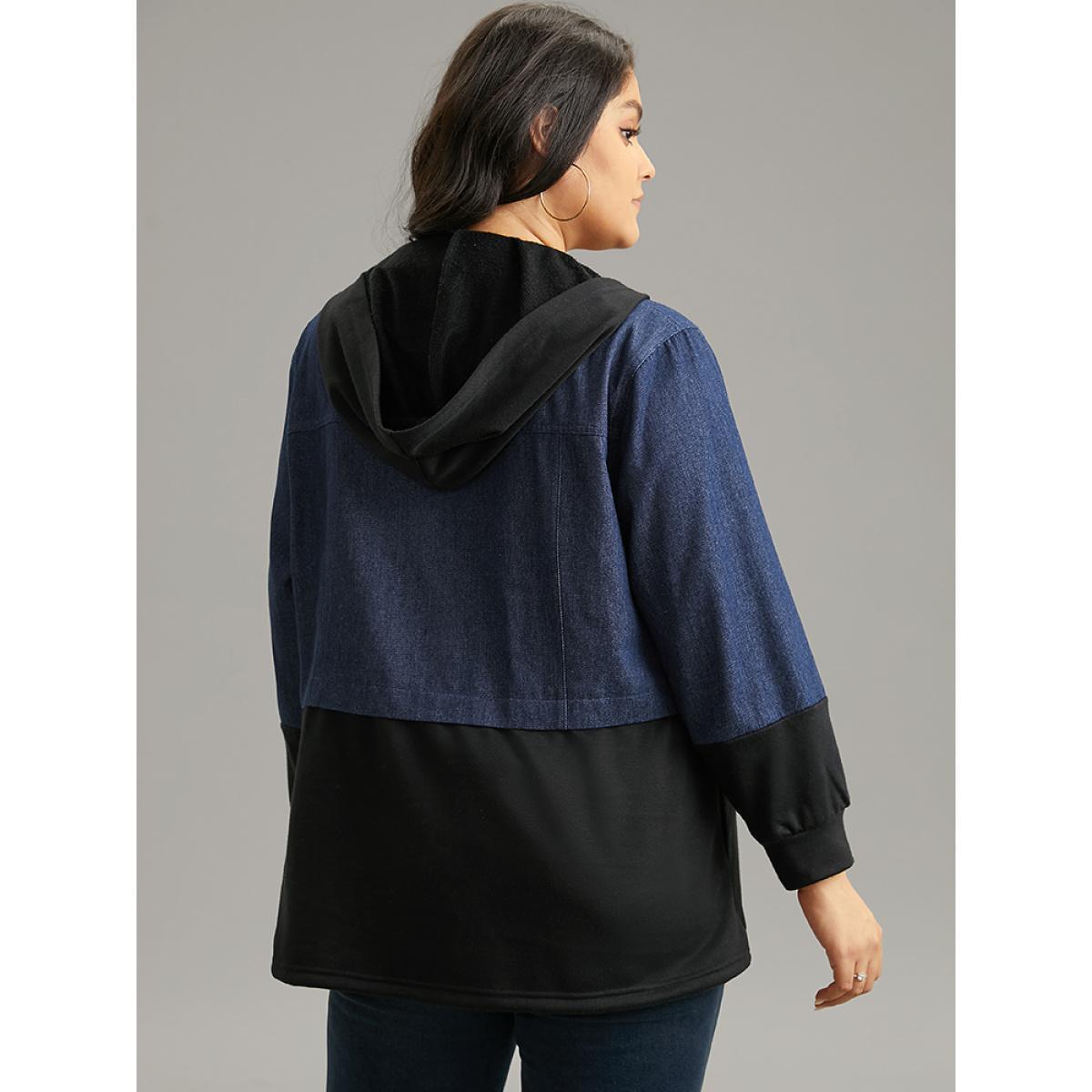 Plus Size Contrast Patchwork Button Up Pocket Zipper Coat Women Black Casual Contrast Ladies Everyday Winter Coats BloomChic 30/6X Product Image