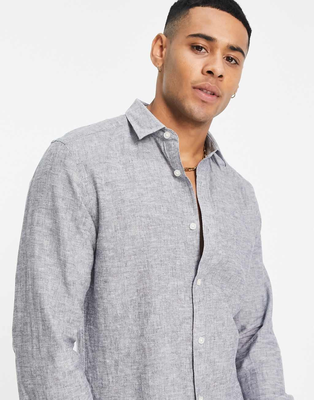 Only & Sons linen mix shirt in light blue Product Image