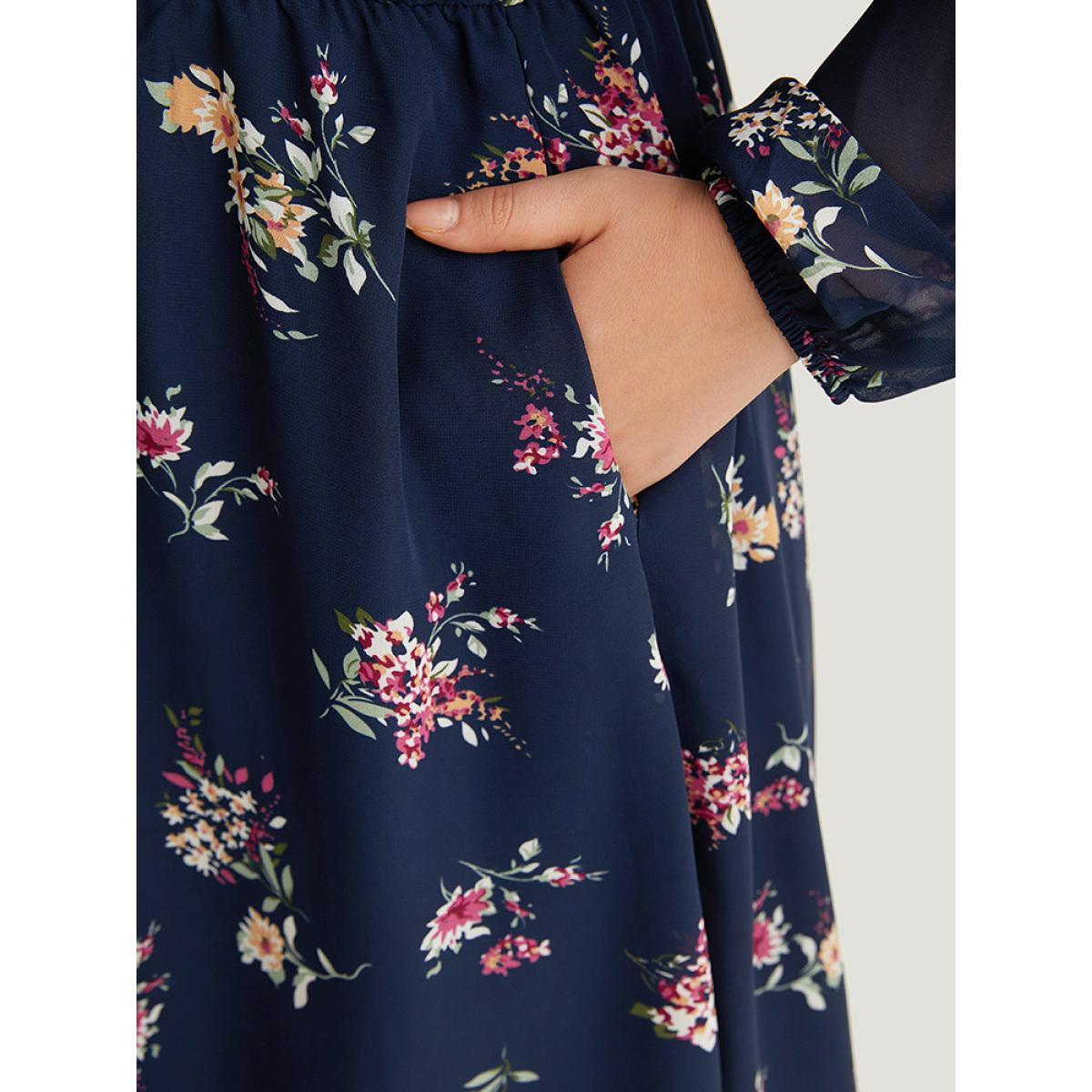 Plus Size Floral Print Surplice Neck Lantern Sleeve Mesh Dress DarkBlue Women Elegant Elastic cuffs V-neck Long Sleeve Curvy Midi Dress BloomChic 30/6X Product Image