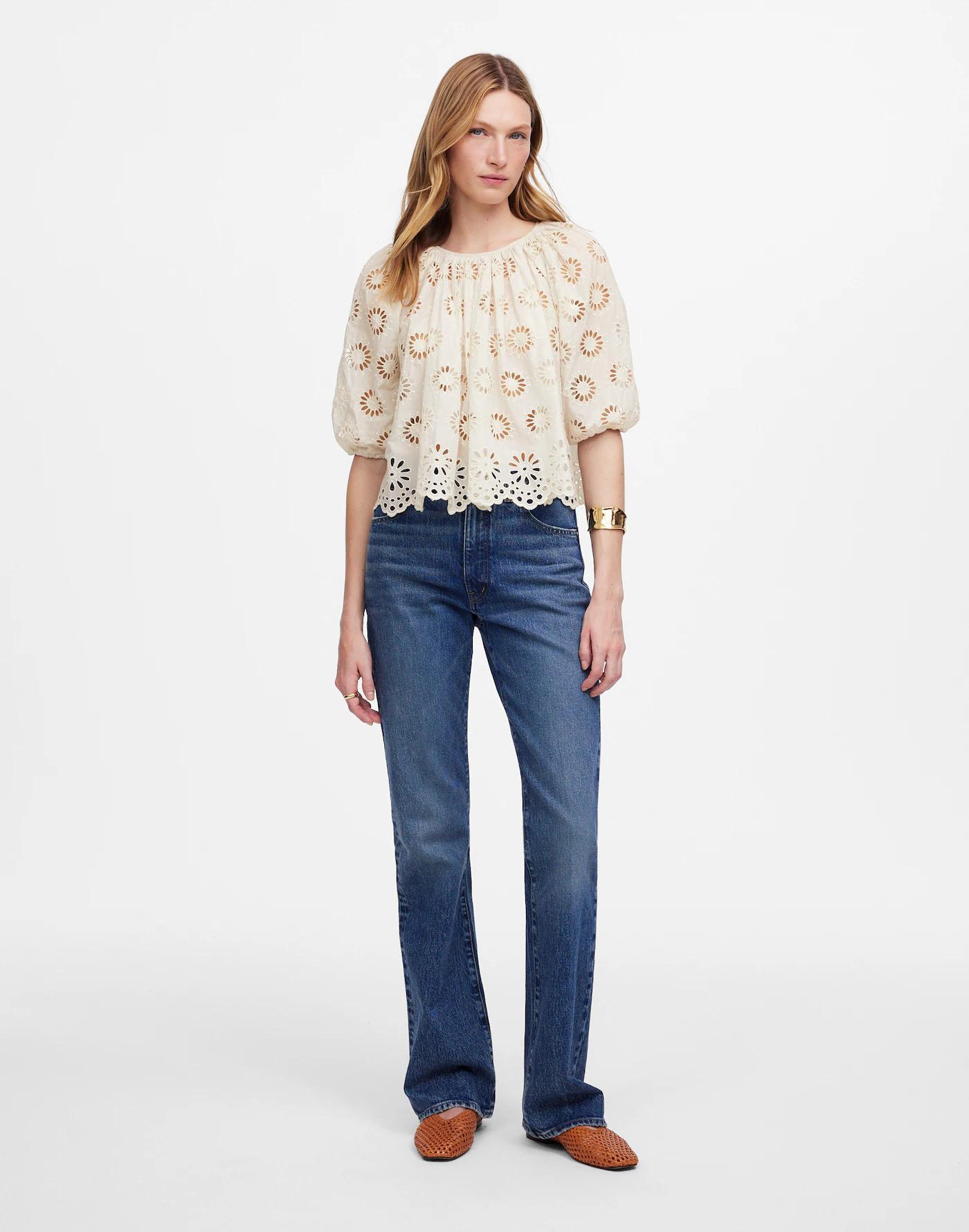 Embroidered Shirred Puff-Sleeve Top Product Image