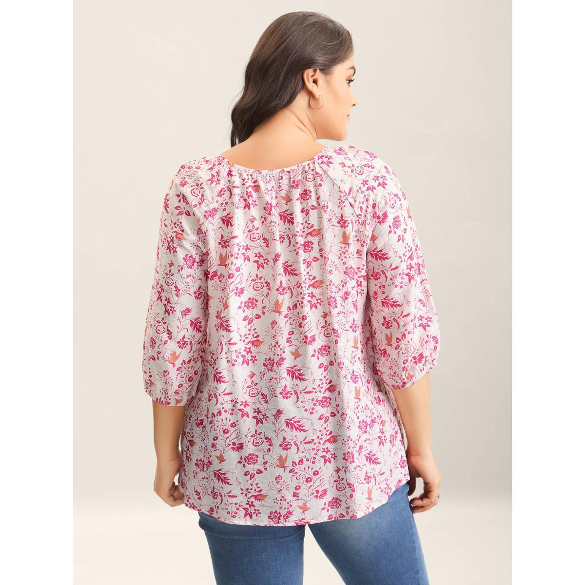 Plus Size Originalwhite Silhouette Floral Print Neck Tassels Blouse Women Elbow-length sleeve Notched collar Everyday-Elegant Blouses BloomChic 28/5X Product Image