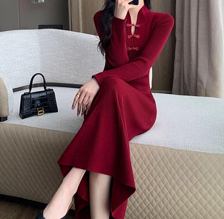 Long-Sleeve Stand Collar Plain Ribbed Frog Buttoned Midi Mermaid Knit Dress Product Image