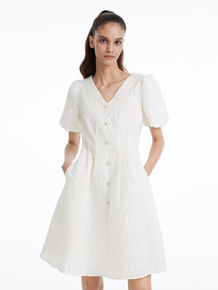 Fitted Waist And V-Neck Jacquard Midi Dress Product Image
