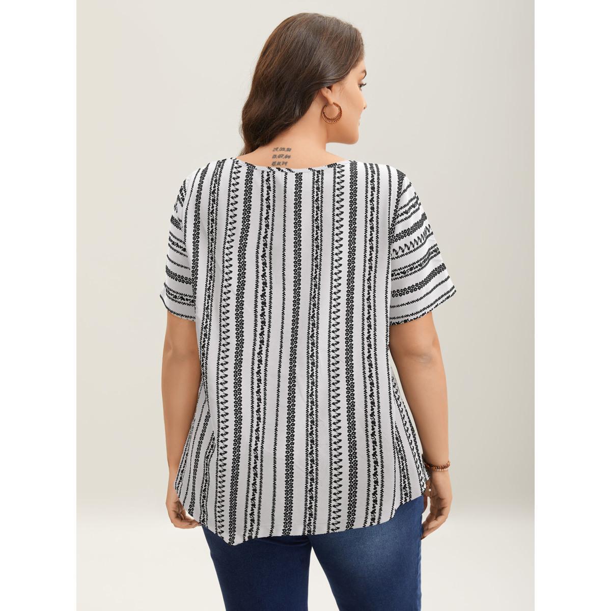 Plus Size Originalwhite Striped Overlap Print Curvy Hem Blouse Women Resort Short sleeve Round Neck Vacation Blouses BloomChic 22-24/3X Product Image