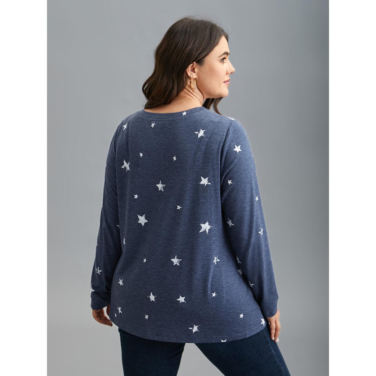 Plus Size Star Print Crisscross Cut-Out T-Shirt Indigo Women Casual Cut-Out Star and moon V-neck Everyday T-shirts BloomChic 18-20/2X Product Image