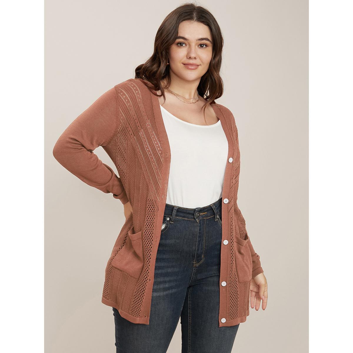 Plus Size Plain Ice Rayon Yarn Eyelet Pocket Button Front Cardigan Russet Women Casual Long Sleeve Dailywear Cardigans BloomChic 10/M Product Image