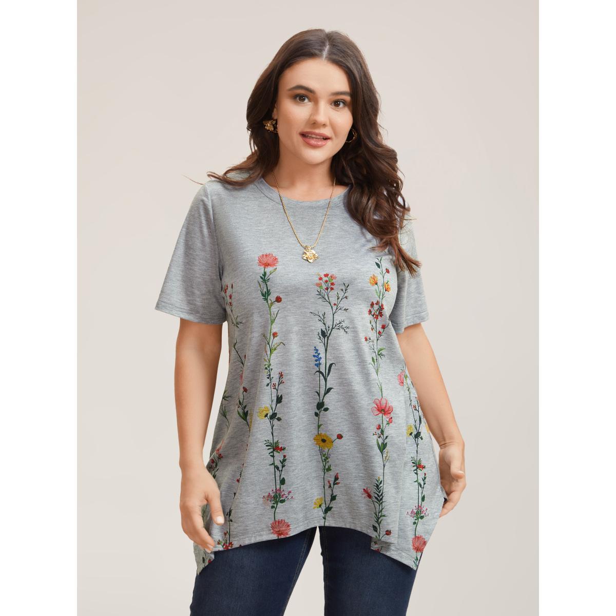 Plus Size Stretchy Hi-Low Hem Floral T-Shirt LightGray Women Elegant Asymmetrical Natural Flowers Round Neck Loose Everyday T-shirts BloomChic 22-24/3X Product Image