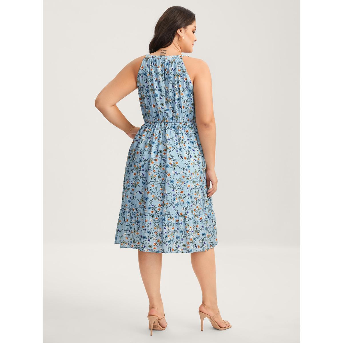 Plus Size Floral Print Halter Neck Tiered Midi Dress Stone Women Halter neck Sleeveless Curvy BloomChic 14-16/1X Product Image