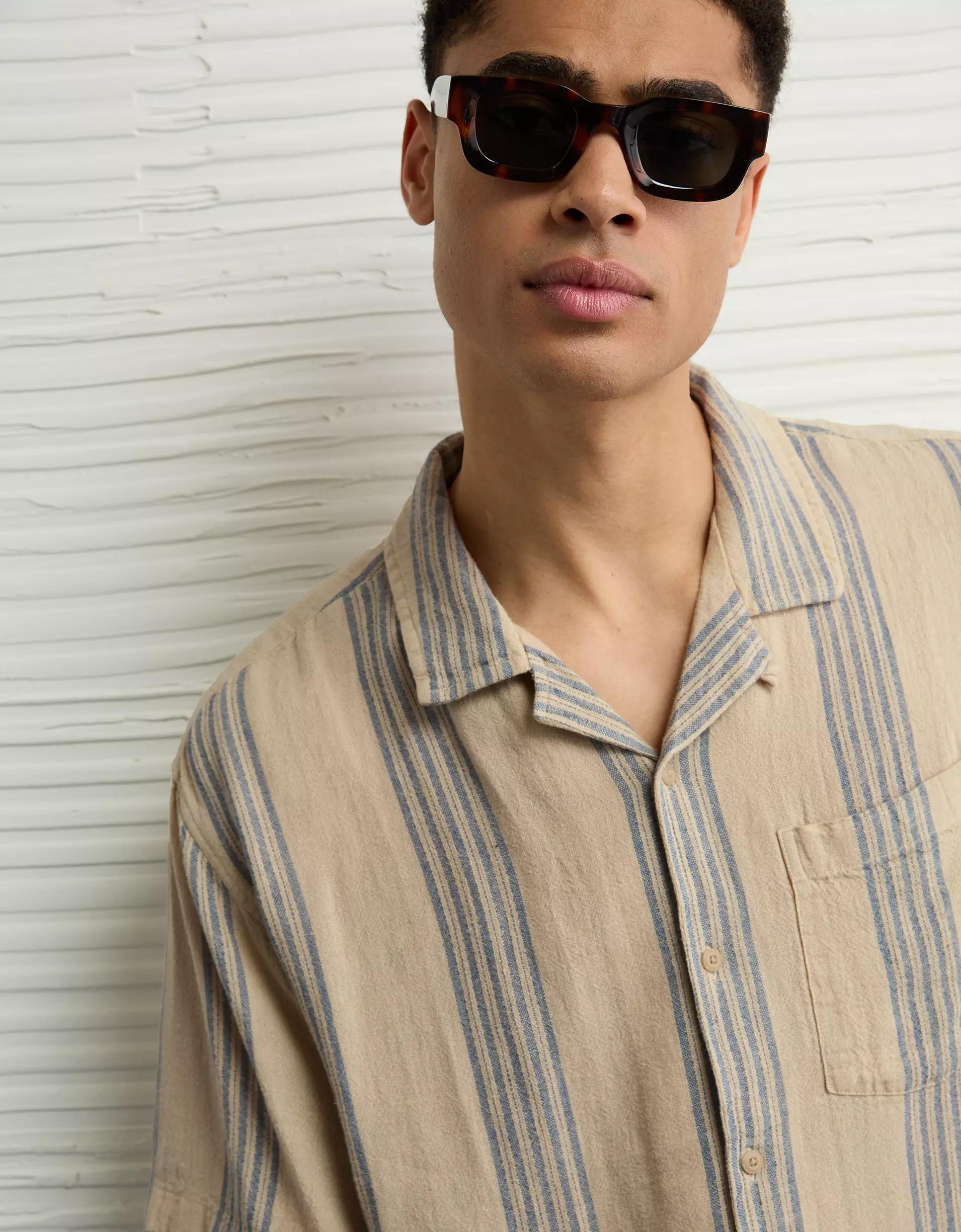 AE Poolside Linen-Blend Striped Button-Up Shirt Product Image