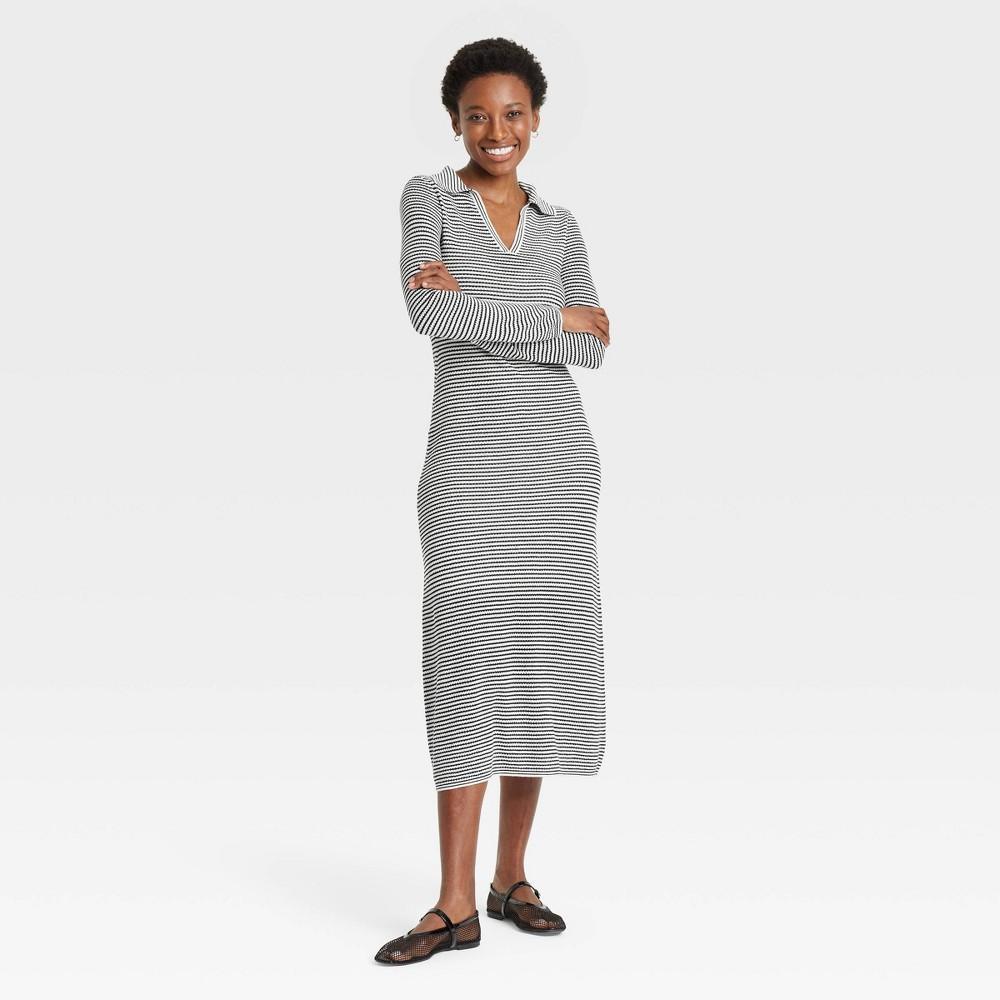 Women's Long Sleeve Maxi Sweater Dress - A New Day™ Black/Cream Striped 2X: Polo Collar, Knit, Plus Size Product Image