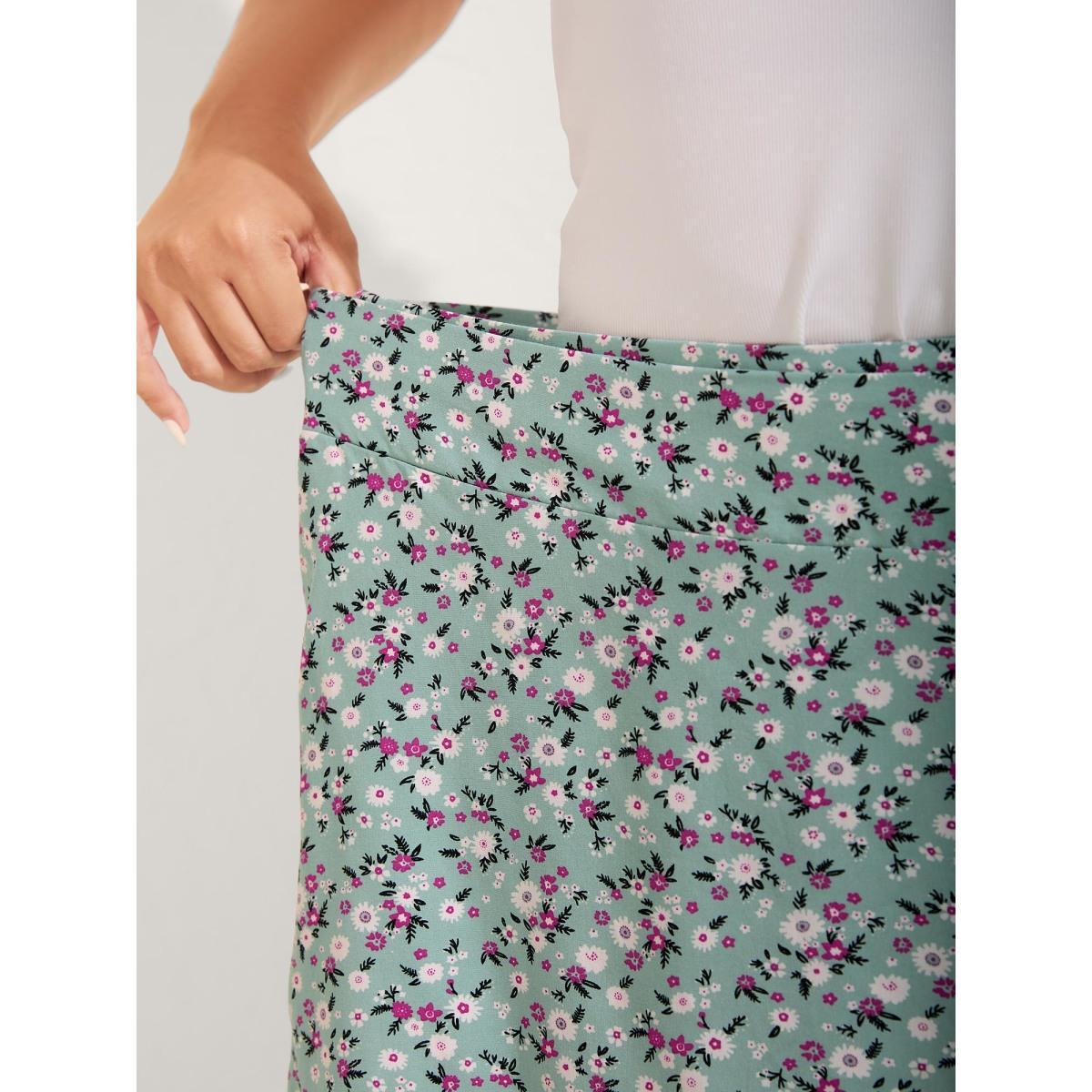 Plus Size Rayon Ditsy Floral Print Side-Tie Maxi Skirt Women LightGreen Resort Loose No stretch Side seam pocket Belt Vacation Skirts BloomChic 12/L Product Image