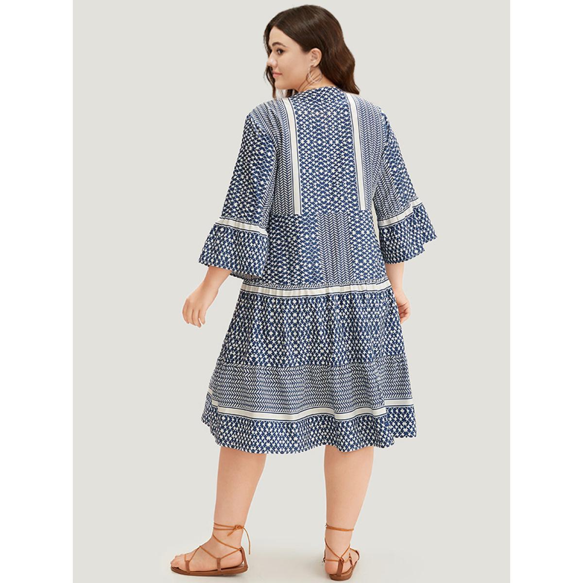 Plus Size Bandana Print Notched Pocket Patchwork Dress Stone Women Vacation Gathered Notched collar Elbow-length sleeve Curvy Midi Dress BloomChic 22-24/3X Product Image