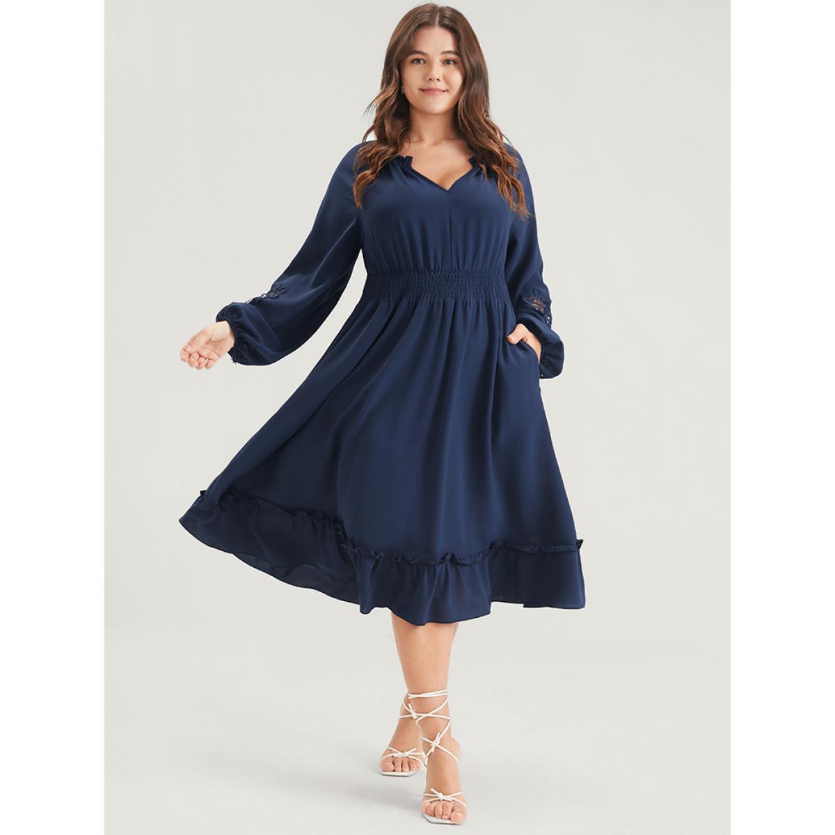 Plus Size Solid Pocket Crochet Lace Lantern Sleeve Ruffle Shirred Midi Dress DarkBlue Women Dating Plain V-neck Long Sleeve Curvy Midi Dress BloomChic 10/M Product Image