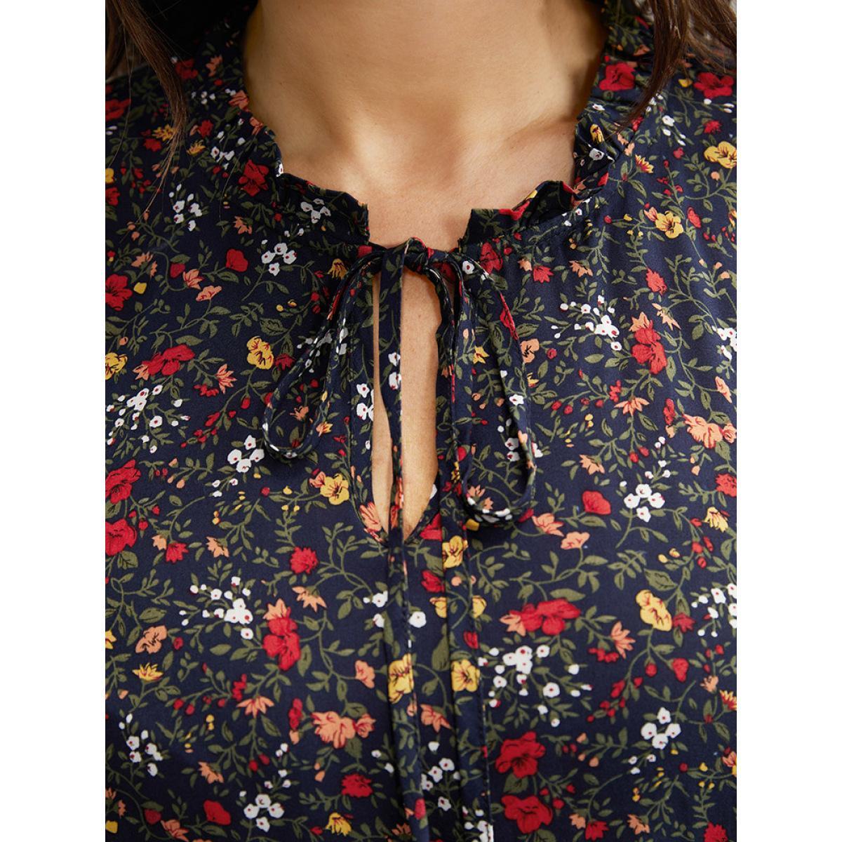 Plus Size Indigo Floral Tie Neck Frill Trim Bell Sleeve Blouse Women Elegant Long Sleeve Tie Neck Dailywear Blouses BloomChic 10/M Product Image