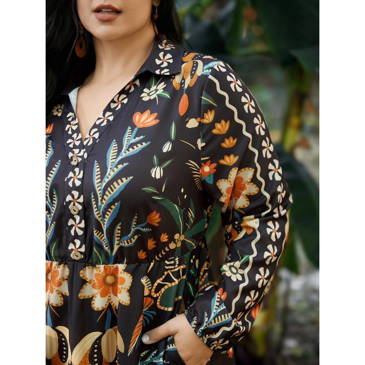 Plus Size Bandana Print Pocket Lapel Collar Elastic Cuffs Dress Black Women Resort Non V-neck Long Sleeve Curvy Midi Dress BloomChic 28/5X Product Image