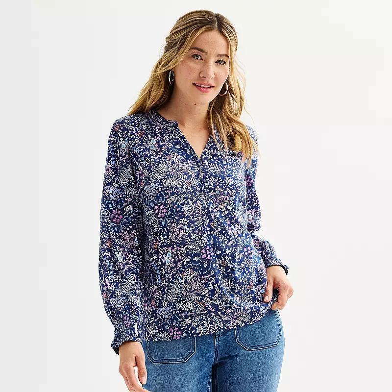 Womens Sonoma Goods For Life Smocked Wrist Popover Navy Pink Floral Product Image
